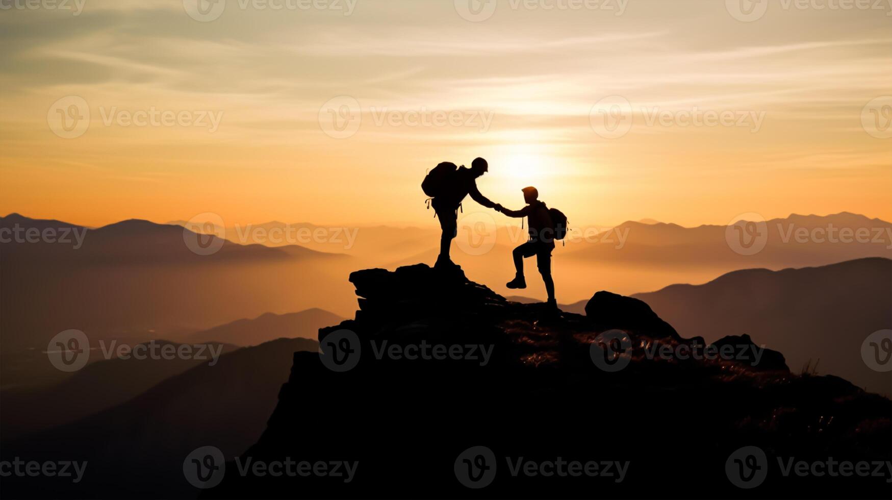 Teamwork in mountains at sunrise